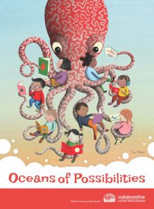 Official poster of Summer reading 2022.  An Octopus  with a kid in each arm reading a book.